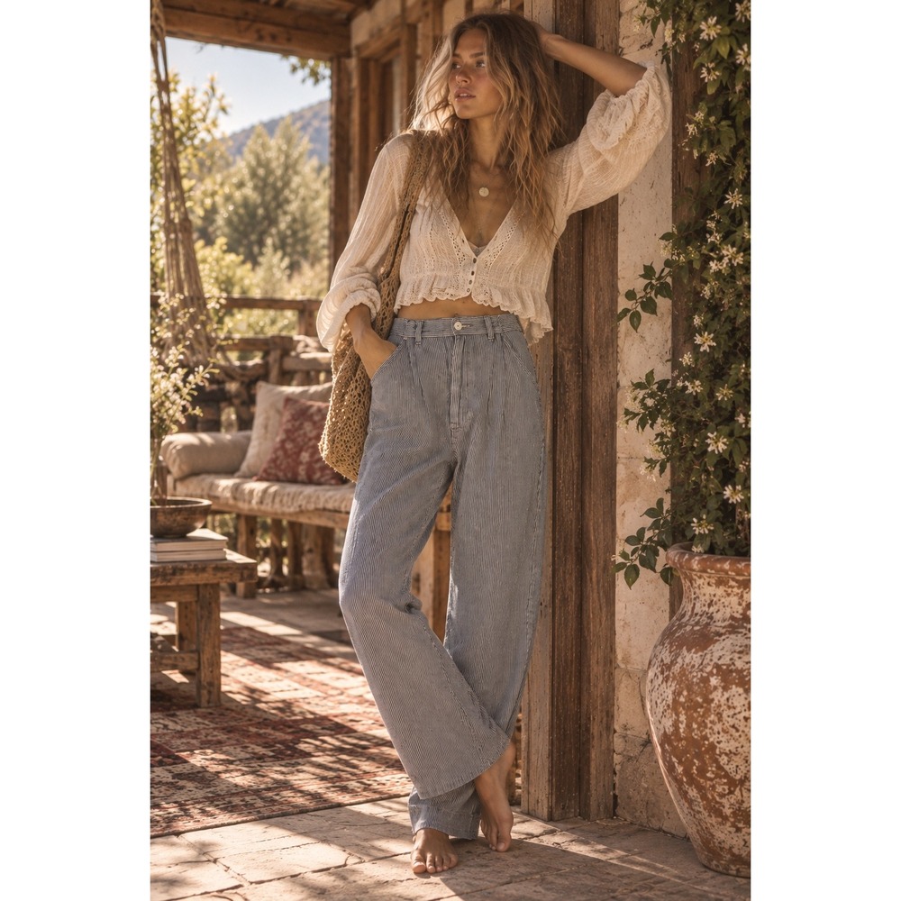 Max Studio London Blue White Pinstripe Wide Leg Linen Blend Pants Small 4703L02S